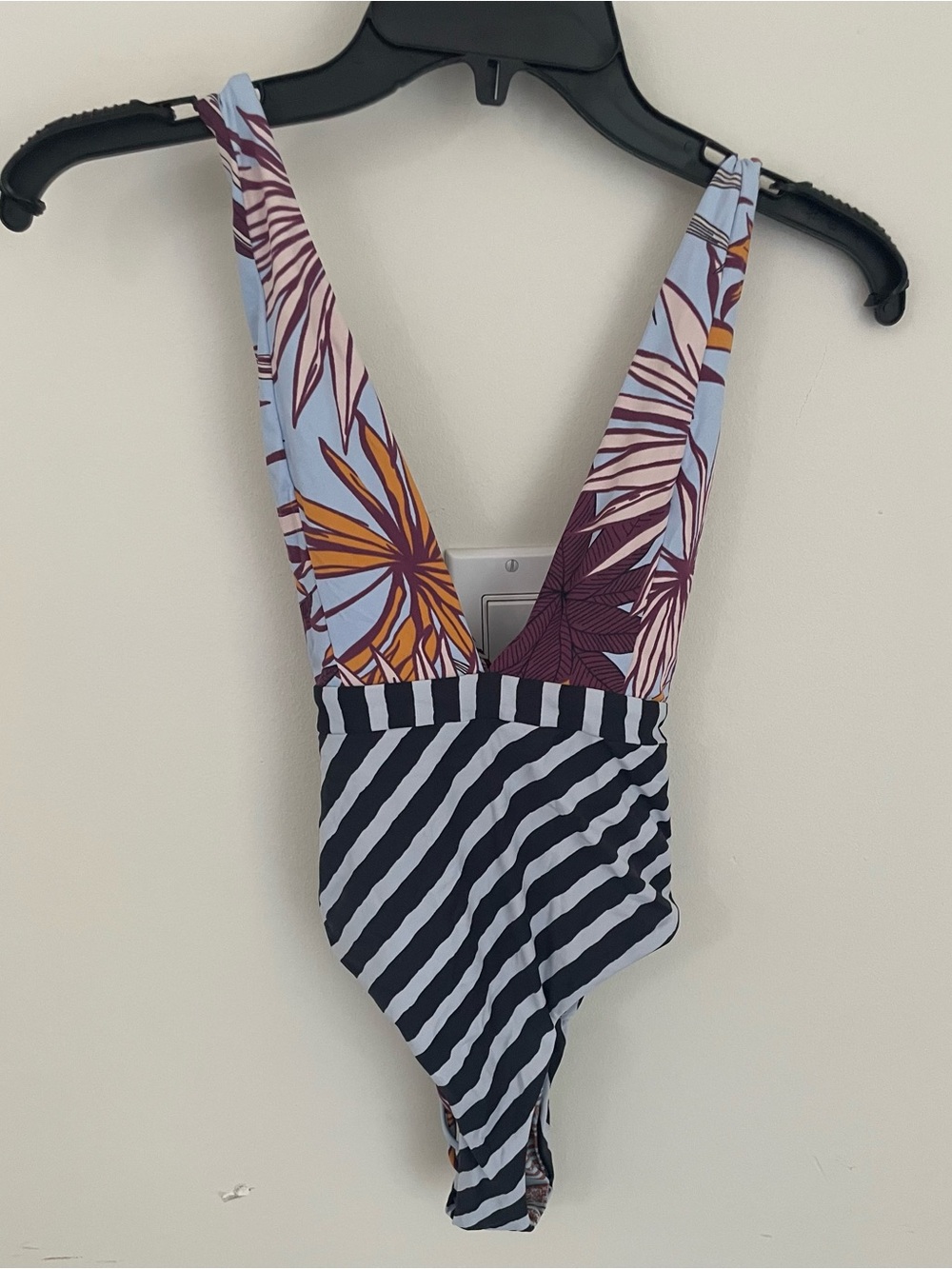 Patterned One-Piece Reversible Swimsuit in Light Blue, Navy & Rust